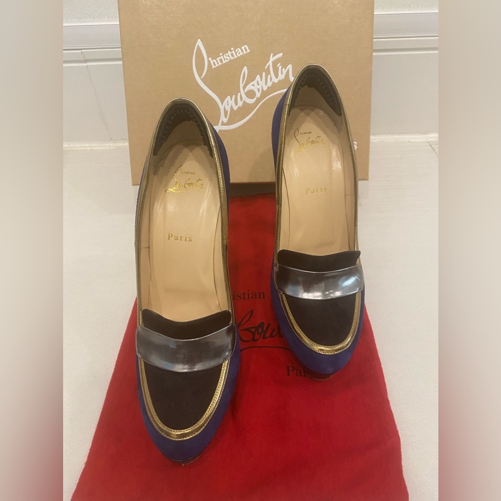 Christian Louboutin Trotitella 140 Suede Indigo Loafer Pump